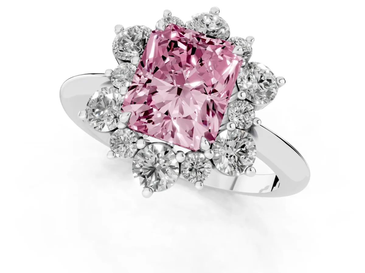 Fancy Pink Radiant Cut Diamond Cluster Halo Ring with Solitaire Band and Four-Prong Setting Silver