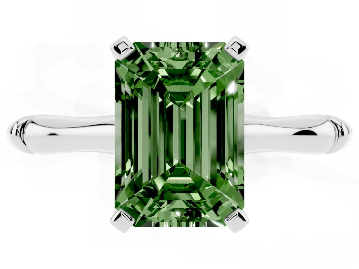 Fancy Green Emerald Cut Solitaire Diamond Ring with Bamboo Band and Four-Prong Setting Silver