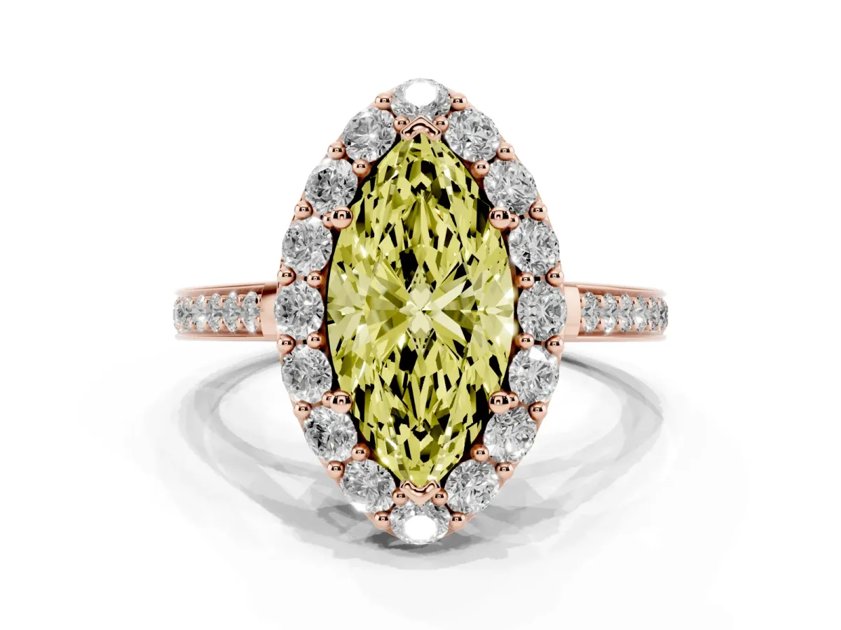 Fancy Yellow Marquise Cut Diamond Floral Halo Ring with Pavé Band and Prong Setting Rose gold