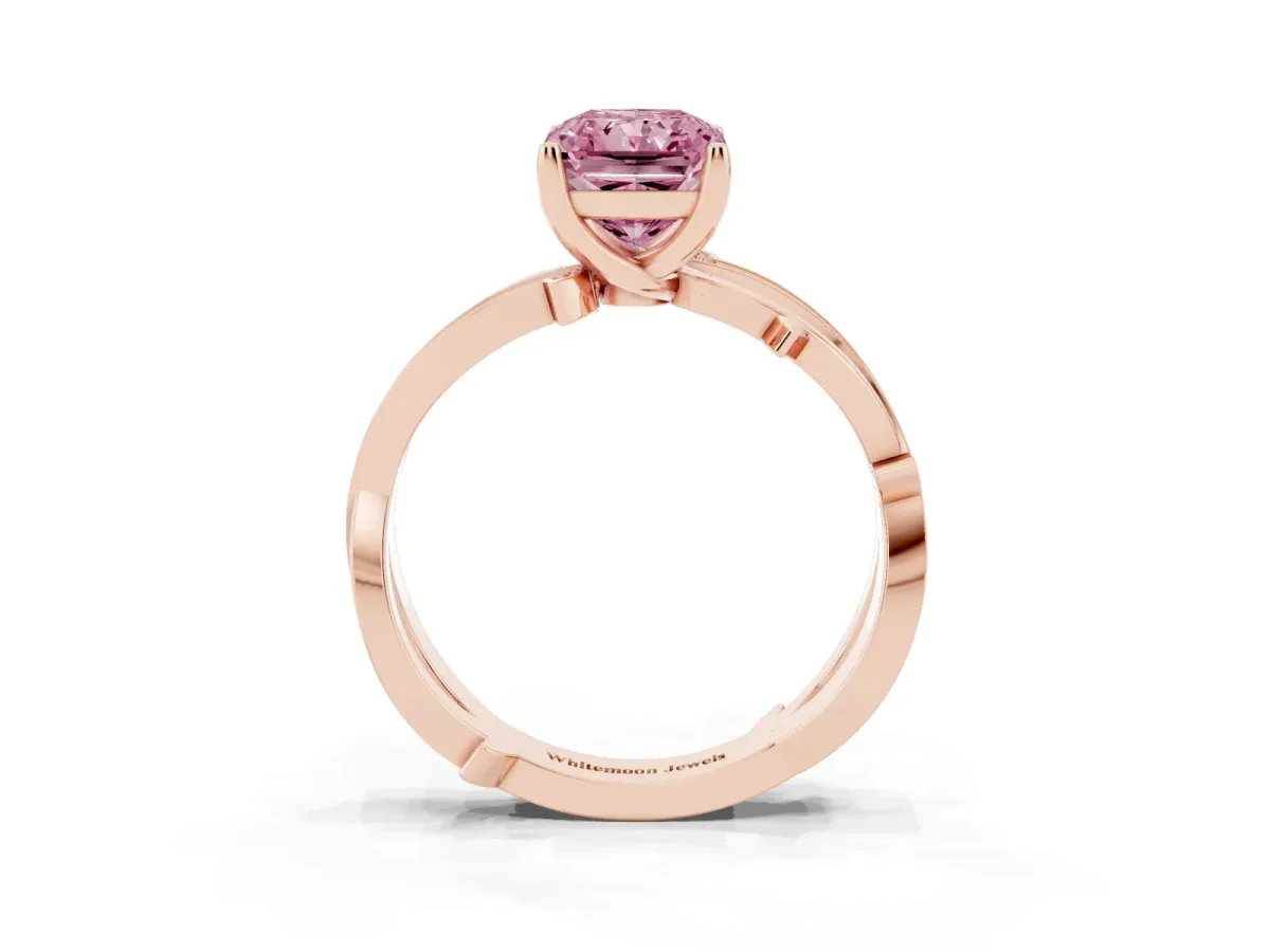 Fancy Pink Radiant Cut Solitaire Twist Band with Pavé Accents and Four-Prong Setting Rose gold