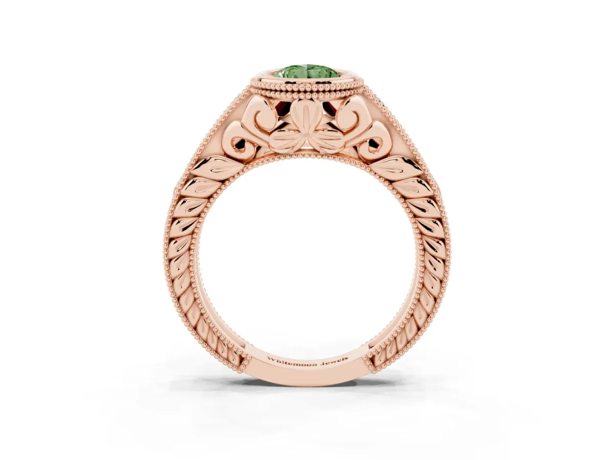 Fancy Green Bezel Set Pear Cut Diamond Milgrain Pave Engagement Ring Rose gold
