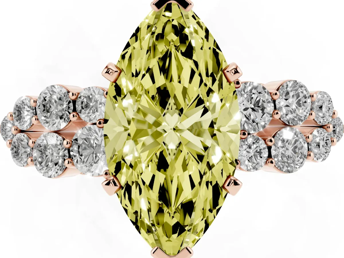 Fancy Yellow Marquise Cut Cluster Diamond Engagement Ring with Pavé Band and Four-Prong Setting Rose gold