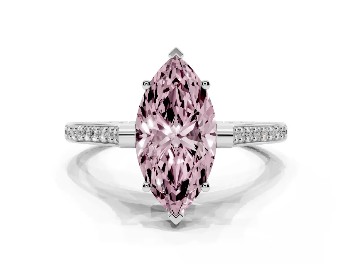 Fancy Pink Marquise Cut Solitaire Diamond Ring with Channel Set Band and Bezel Prong Setting Silver