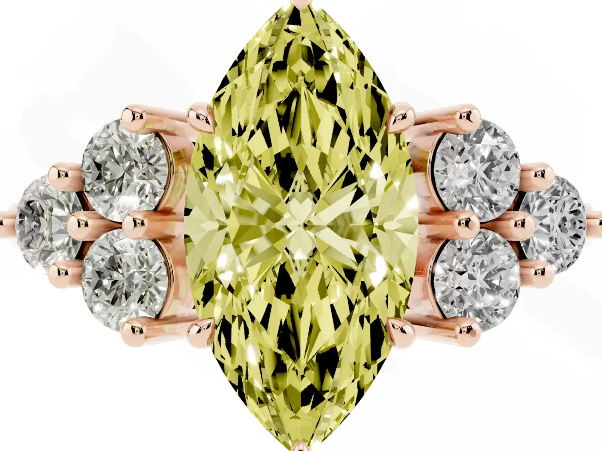 Fancy Yellow Marquise Cut Brilliant Diamond Cluster Accent Solitaire Ring with Prong Setting Rose gold