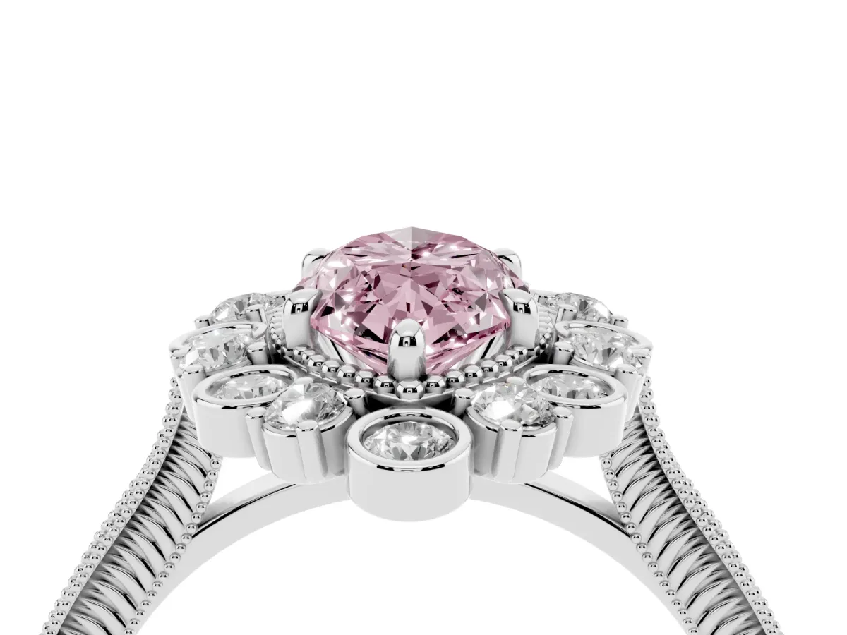 Fancy Pink Marquise Cut Halo Milgrain Pave Diamond Ring with Four-Prong Setting Platinum