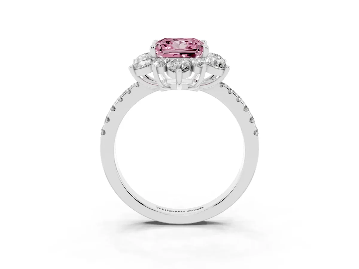 Fancy Pink Princess Cut Diamond Floral Halo Ring with Round Pavé Band and Prong Setting Silver