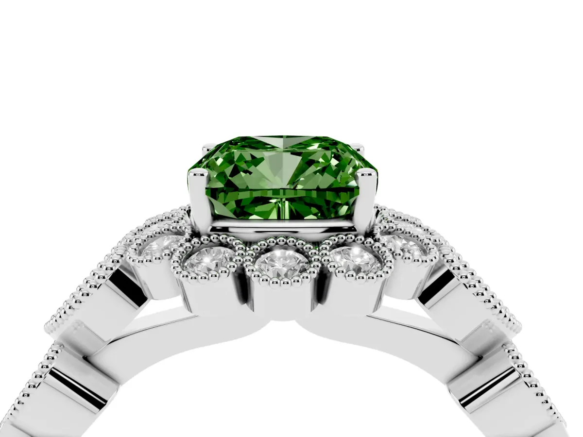 Fancy Green Cushion Cut Brilliant Milgrain Pave Heart Band Solitaire Ring Silver