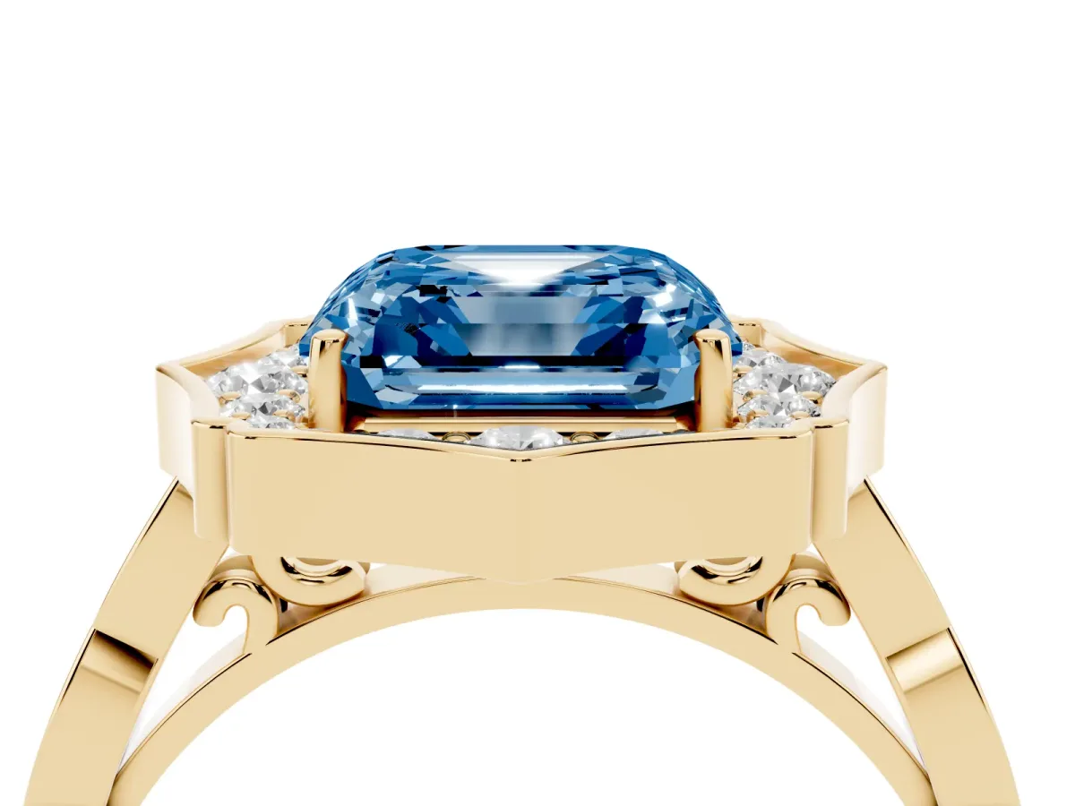 Fancy Blue Asscher Cut Halo Diamond Engagement Ring with Milgrain Band and Four-Prong Setting Yellow gold