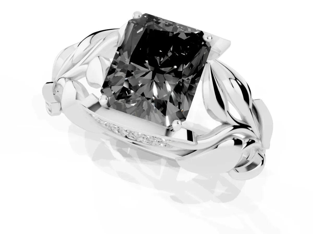 Fancy Black Radiant Cut Diamond Leaf-Inspired Engagement Ring with Round Accents and Prong Setting Silver