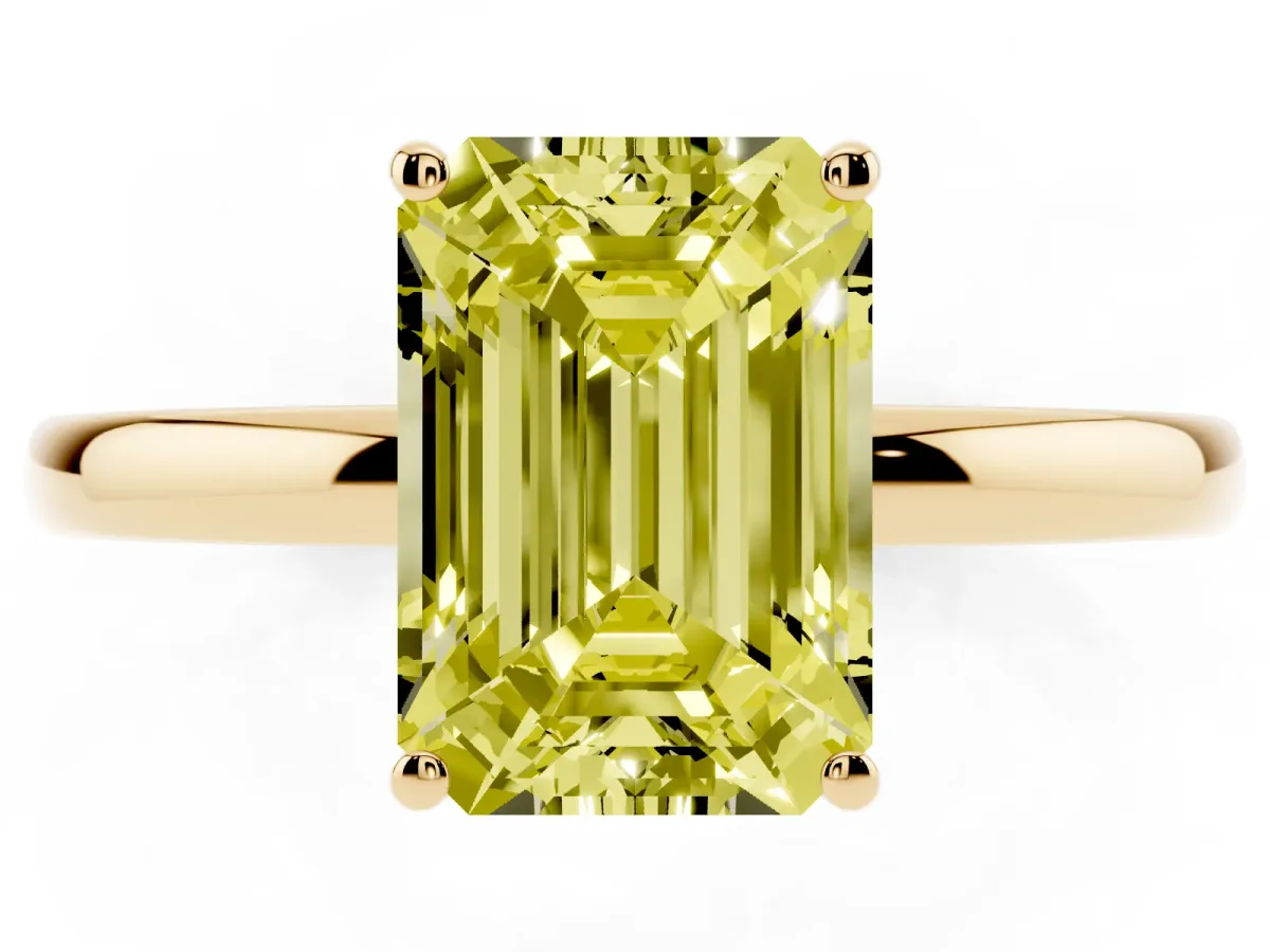 Fancy Yellow Emerald Cut Solitaire Diamond Ring with Prong Setting and Plain Band Yellow gold