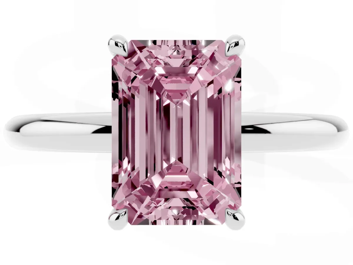 Fancy Pink Emerald Cut Diamond Solitaire Ring with Thin Band and Four-Prong Setting Platinum