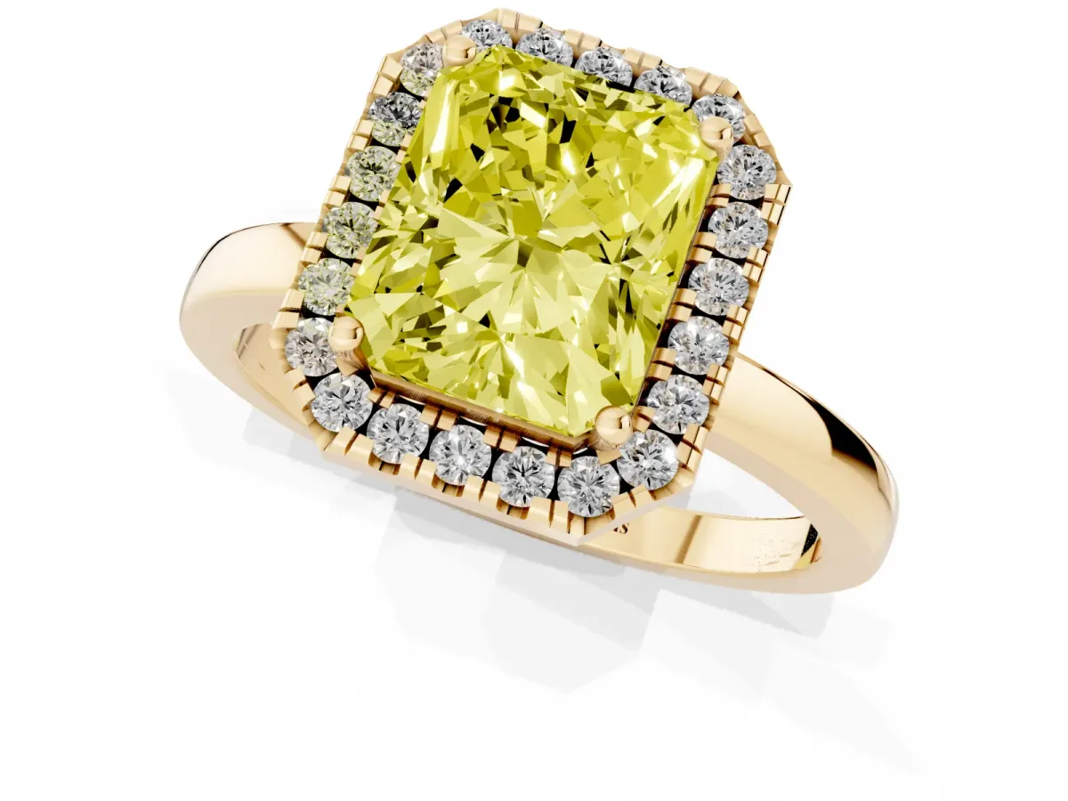 Fancy Yellow Radiant Cut Halo Diamond Solitaire with Pavé Band and Four-Prong Setting Yellow gold