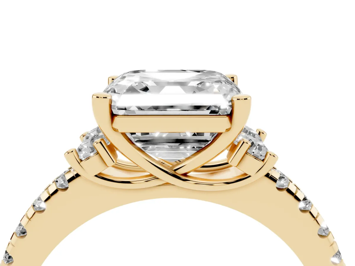Asscher Cut Diamond Three-Stone Pave Band with Four-Prong Setting Yellow gold