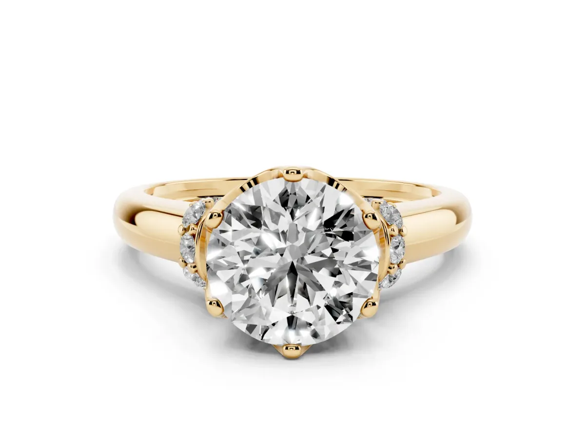 Round Cut Brilliant Solitaire Cathedral Engagement Ring with Pave Accents Yellow gold