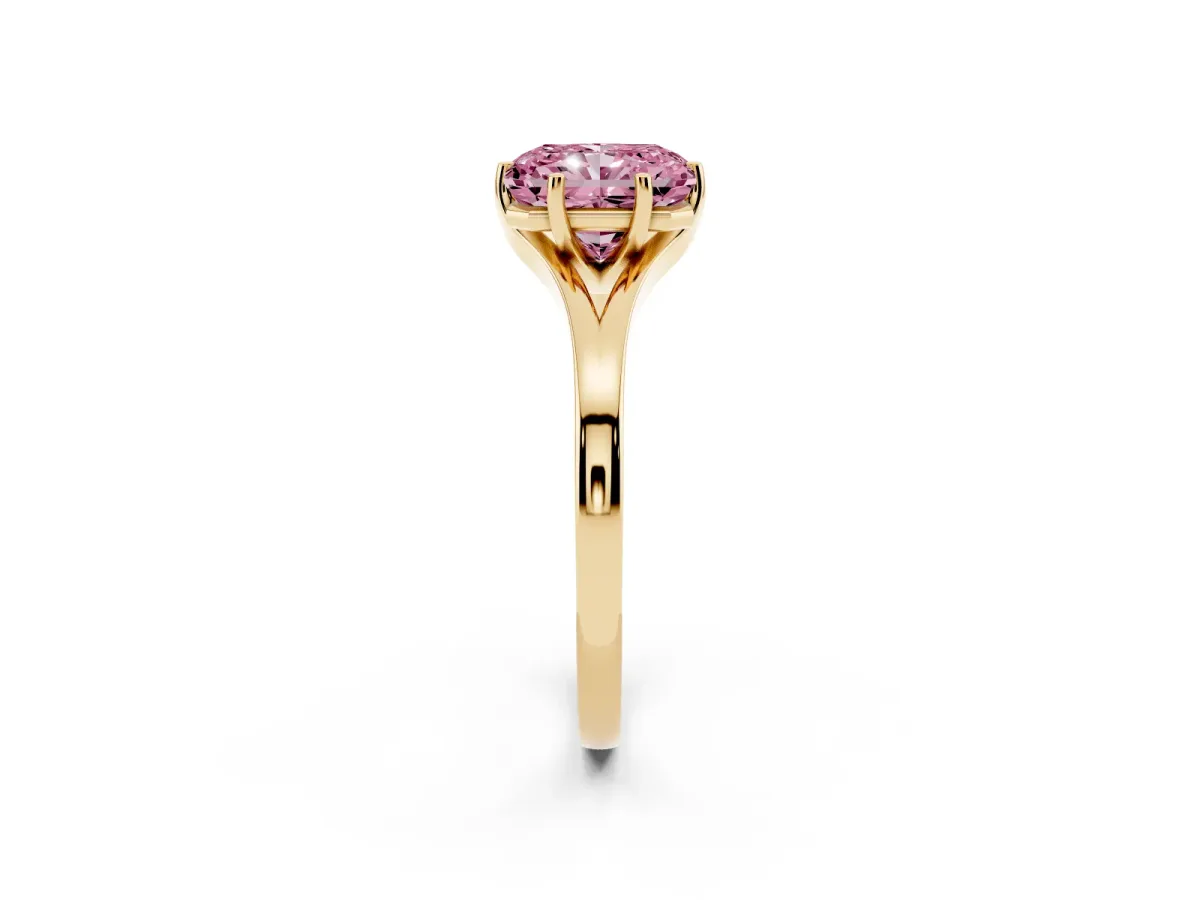 Fancy Pink Radiant Cut Solitaire Diamond Ring with Six-Prong Setting and Tapered Band Yellow gold