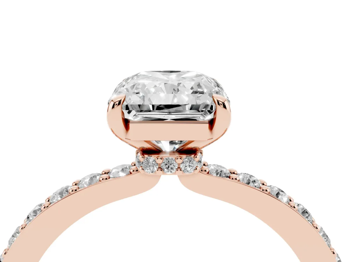 Radiant Cut Diamond Pavé Engagement Ring with Round Accents and Prong Setting Rose gold
