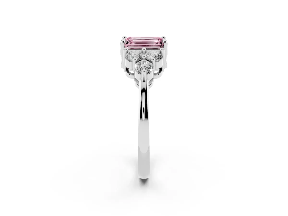 Fancy Pink Emerald Cut Brilliant Diamond Cluster Accent Solitaire Ring with Prong Setting Silver