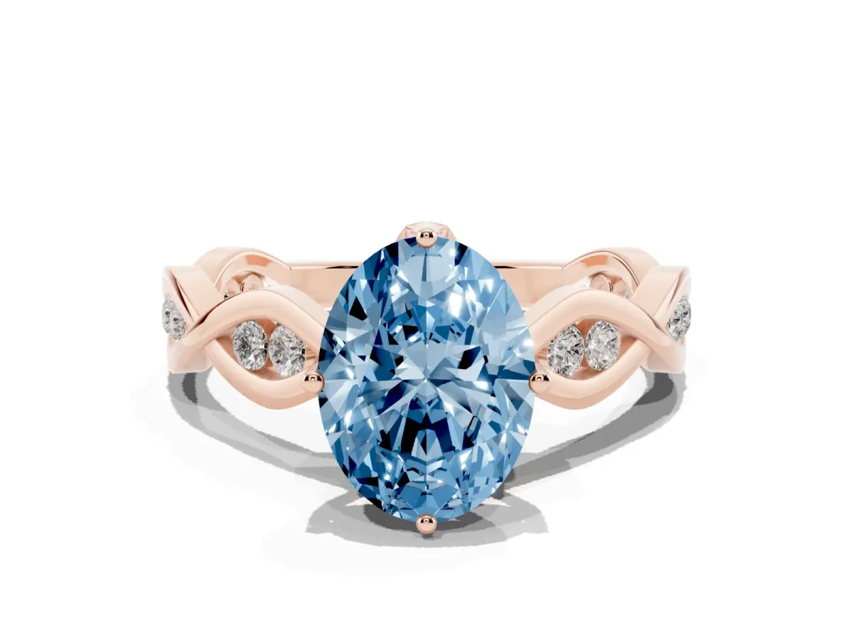 Fancy Blue Oval Cut Solitaire Twist Band with Leaf Prong Setting Rose gold