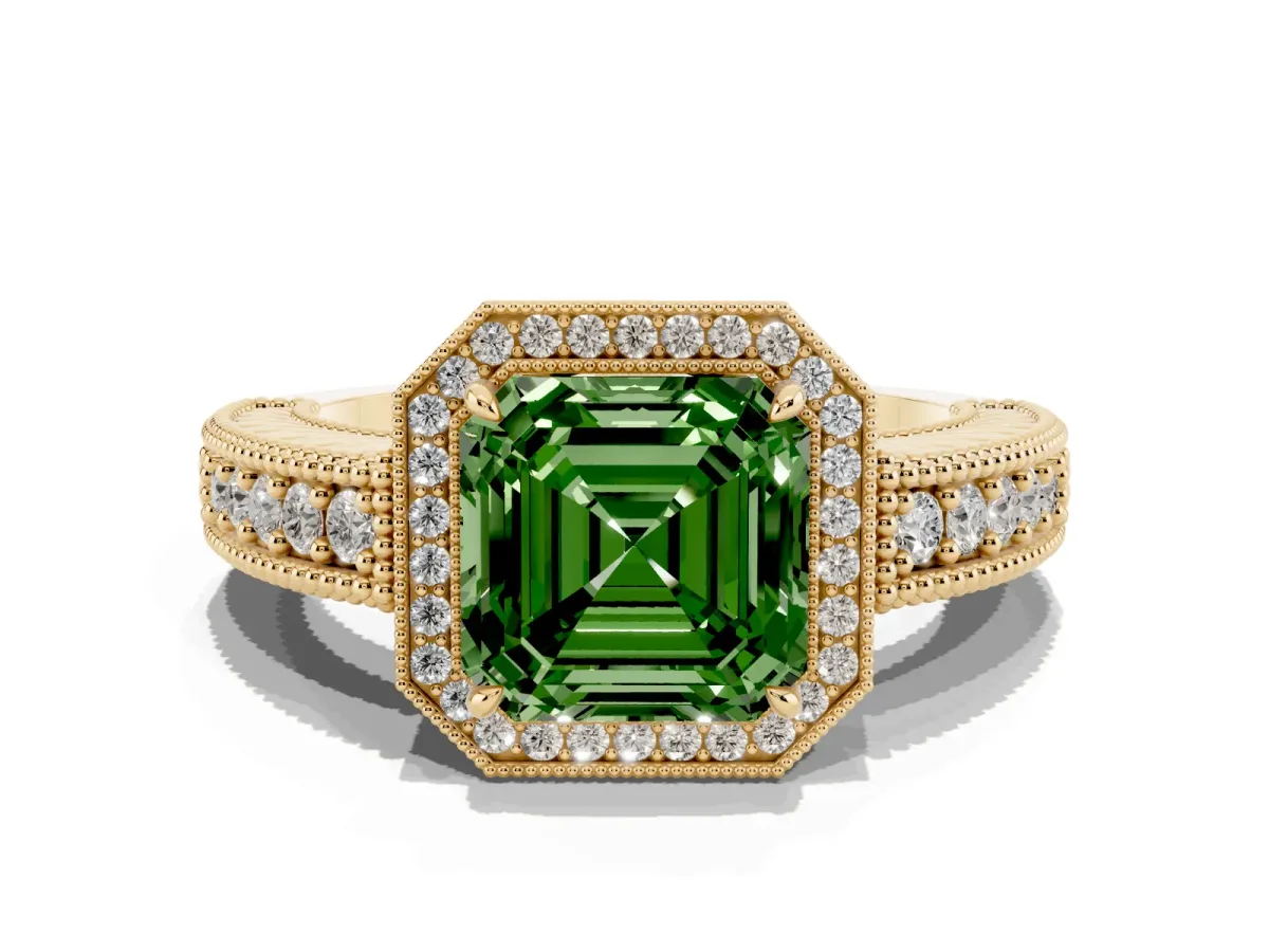 Fancy Green Asscher Cut Cut Halo Diamond Ring with Pavé Band and Four-Prong Setting Yellow gold