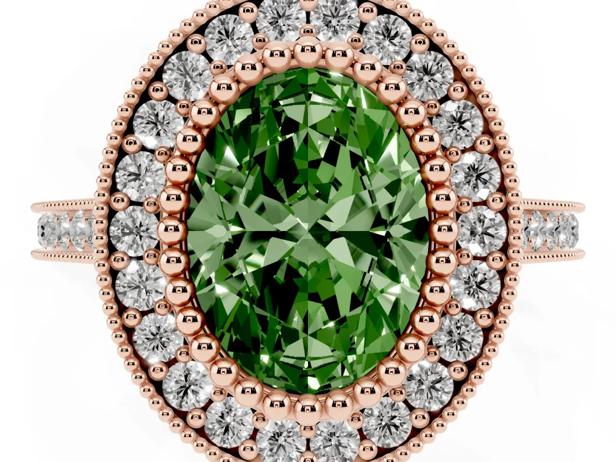 Fancy Green Oval Cut Diamond Halo Ring with Milgrain Frame and Pavé Band Rose gold