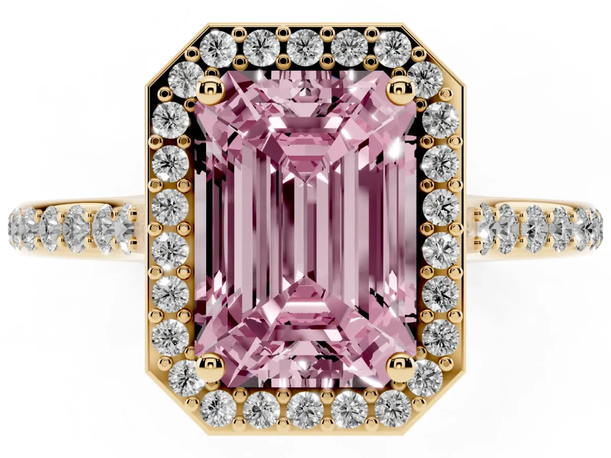 Fancy Pink Emerald Cut Diamond Halo Engagement Ring with Round Pavé Shoulders and Prong Setting Yellow gold