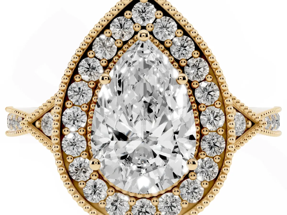 Pear Cut Halo Round Diamond Milgrain Pave Engagement Ring Yellow gold