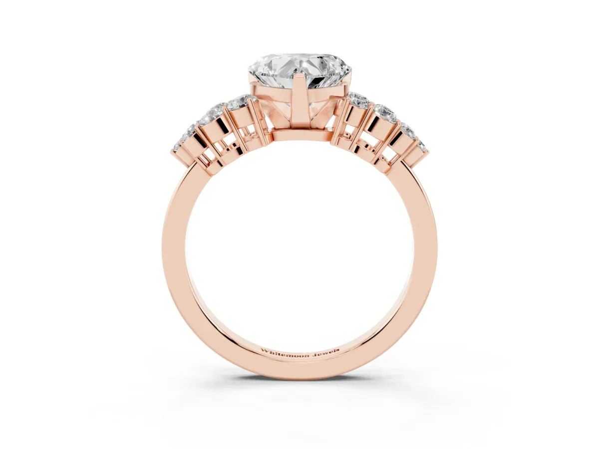 Heart Cut Cluster Diamond Engagement Ring with Pavé Band and Four-Prong Setting Rose gold