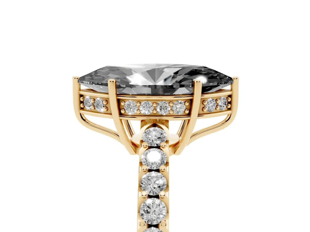 Fancy Black Marquise Cut Solitaire Diamond Engagement Ring with Pavé Band and Six-Prong Setting Yellow gold