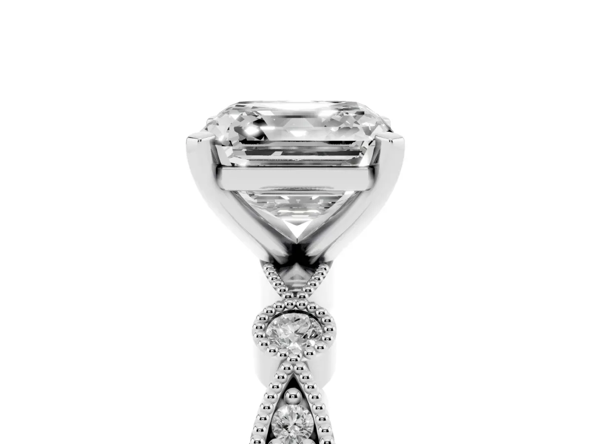 Asscher Cut Milgrain Bezel Diamond Engagement Ring with Solitaire Prong Setting Silver