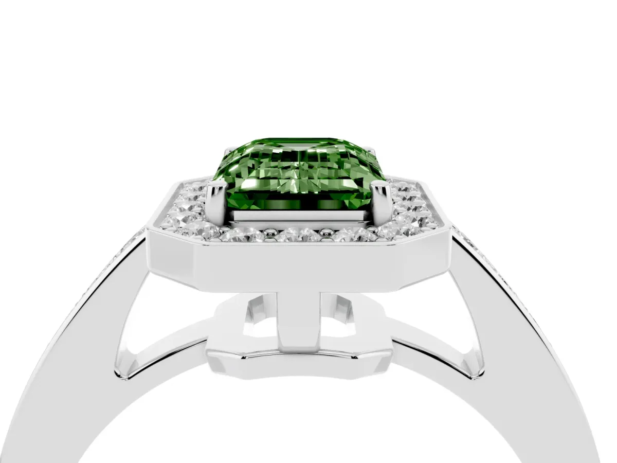 Fancy Green Emerald Cut Halo Pavé Diamond Engagement Ring with Bezel Setting Silver
