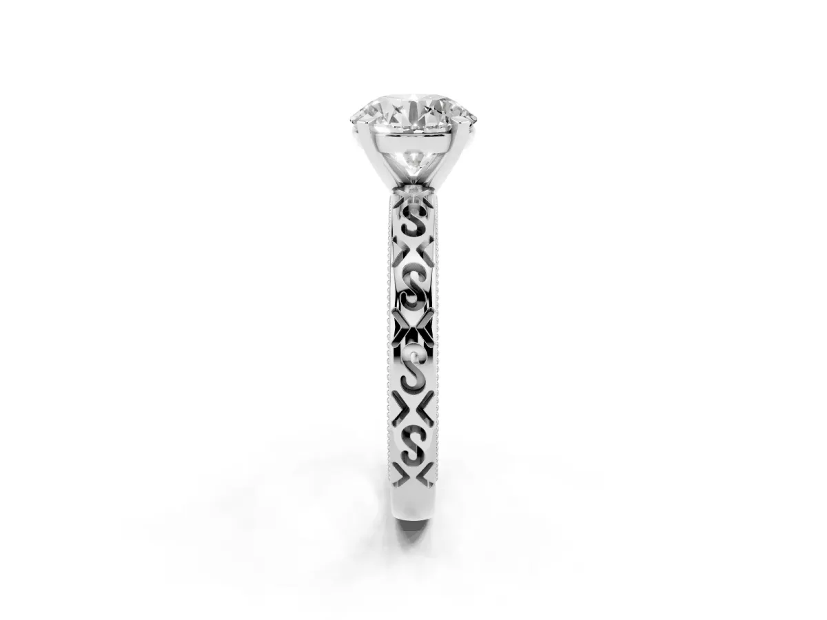 Round Cut Solitaire Engagement Ring with Scrollwork Band and Four-Prong Setting Silver