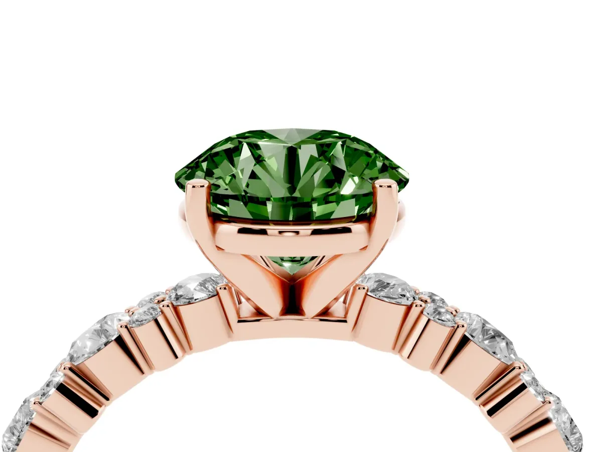 Fancy Green Round Cut Diamond Side Stone Solitaire Ring with Round and Four-Prong Setting Rose gold