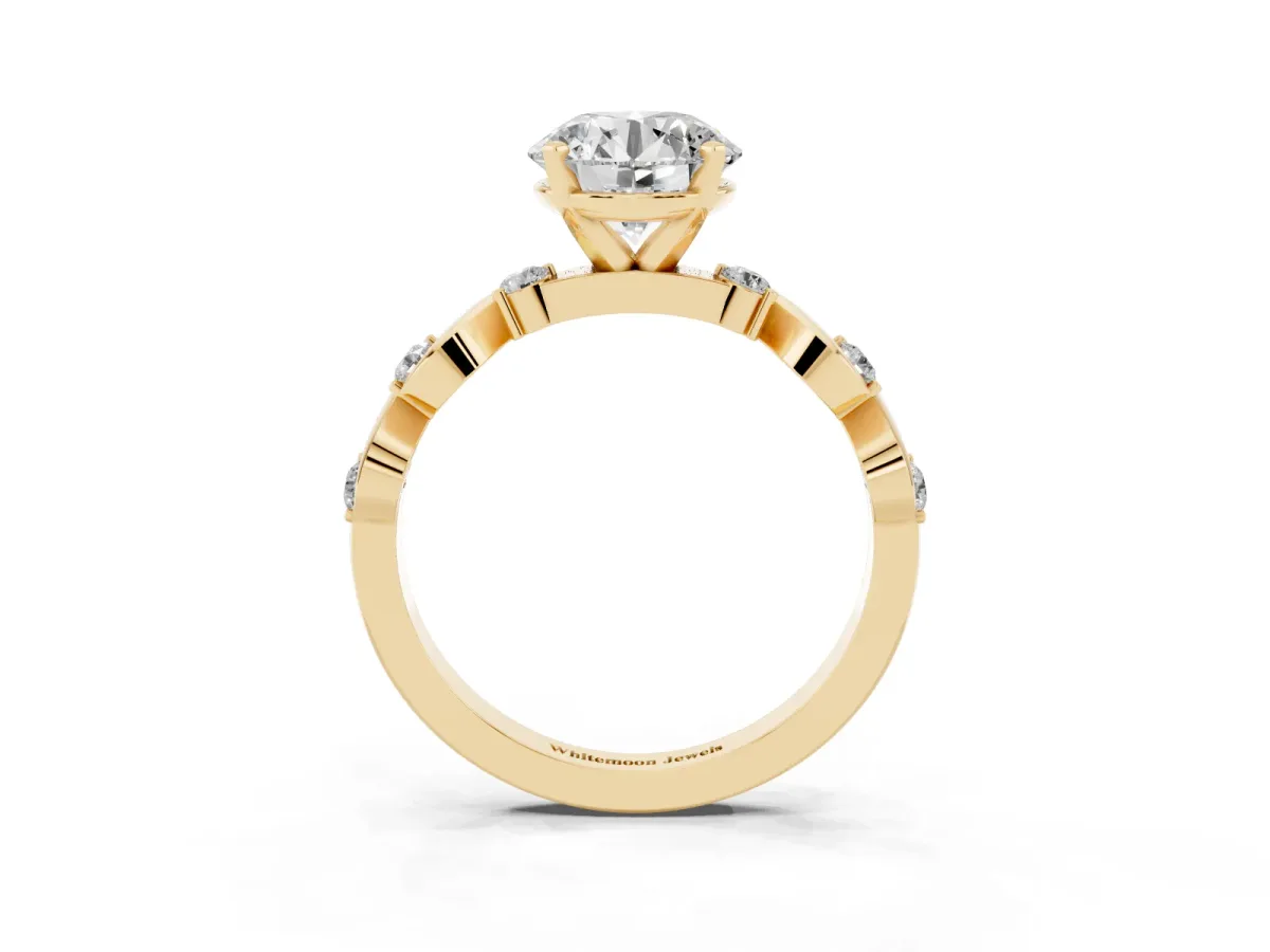 Round Cut Diamond Solitaire Twisted Band with Round Accents and Prong Setting Yellow gold