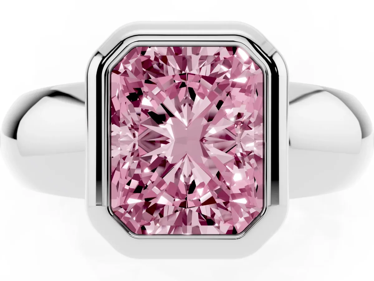 Fancy Pink Bezel Set Radiant Cut Solitaire Ring with Wide Band Platinum