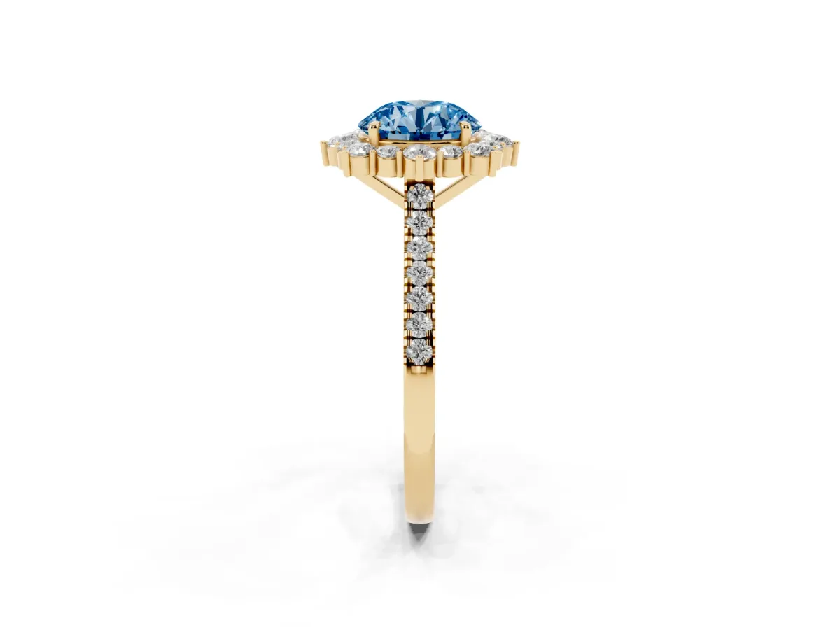 Fancy Blue Round Cut Halo Diamond Ring with Pavé Band and Prong Setting Yellow gold