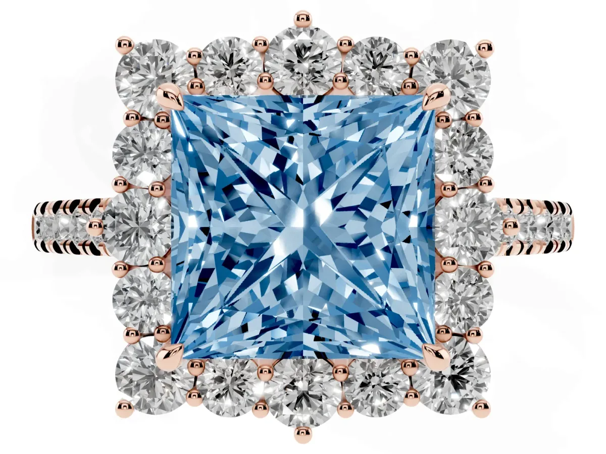 Fancy Blue Princess Cut Halo Diamond Ring with Pavé Band and Prong Setting Rose gold