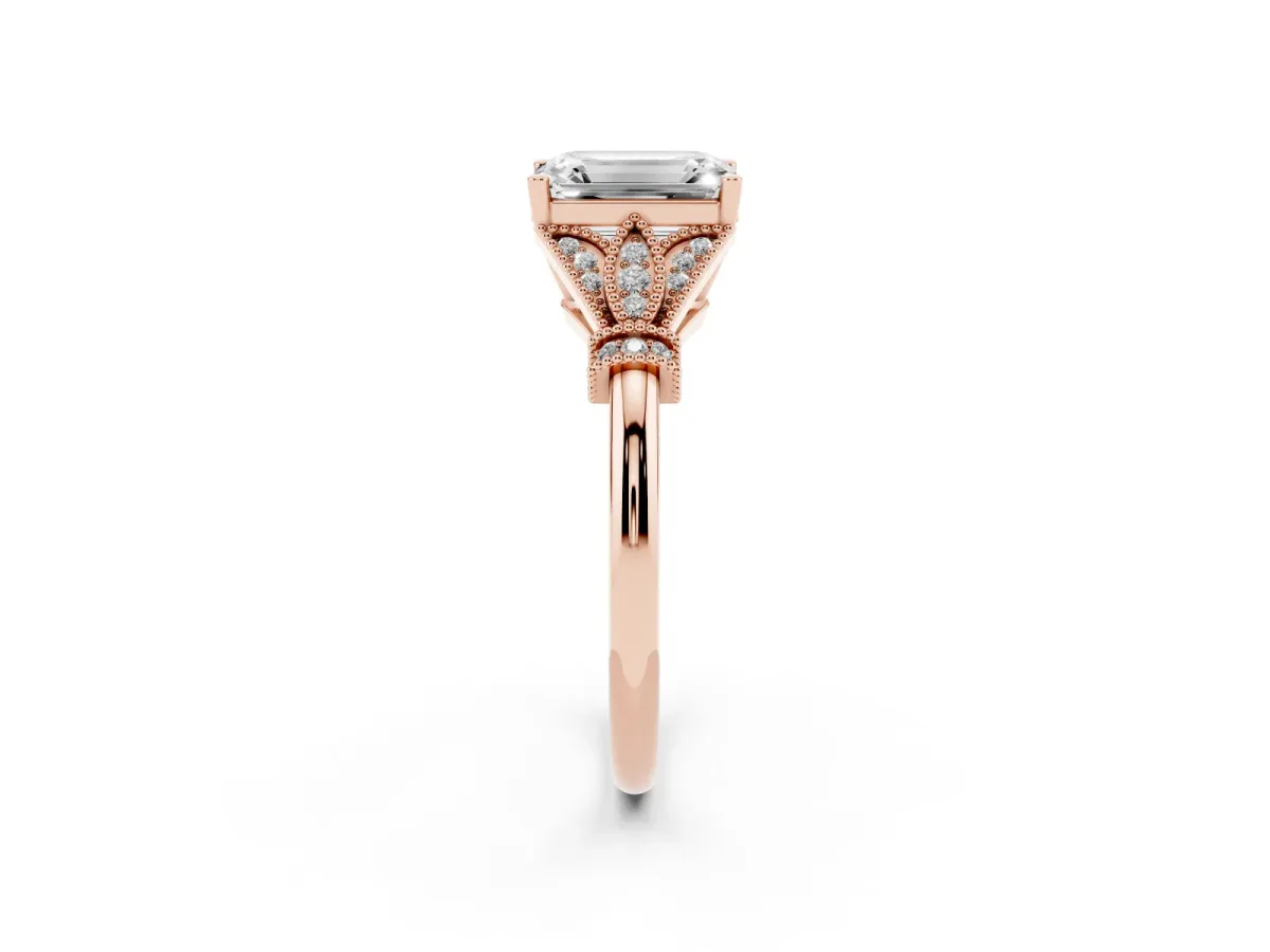 Emerald Cut Diamond Solitaire Ring with Floral Filigree and Pave Accents Rose gold