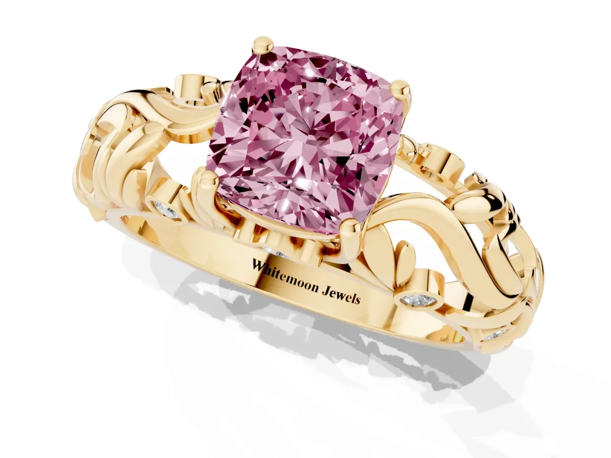Fancy Pink Cushion Cut Solitaire Diamond Leaf-Inspired Vine Band Ring with Prong Setting Yellow gold