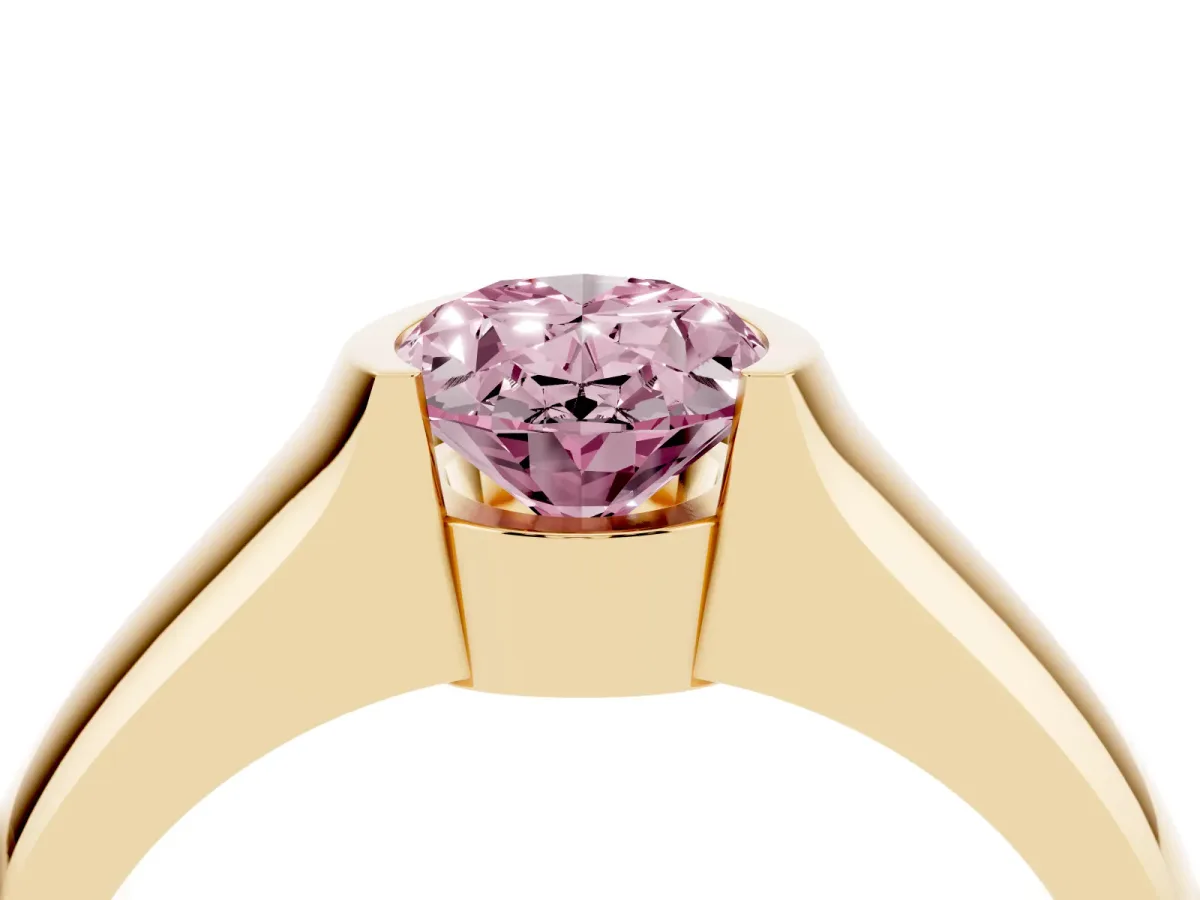 Fancy Pink Oval Cut Solitaire Bezel Set Diamond Ring with Wide Band Yellow gold