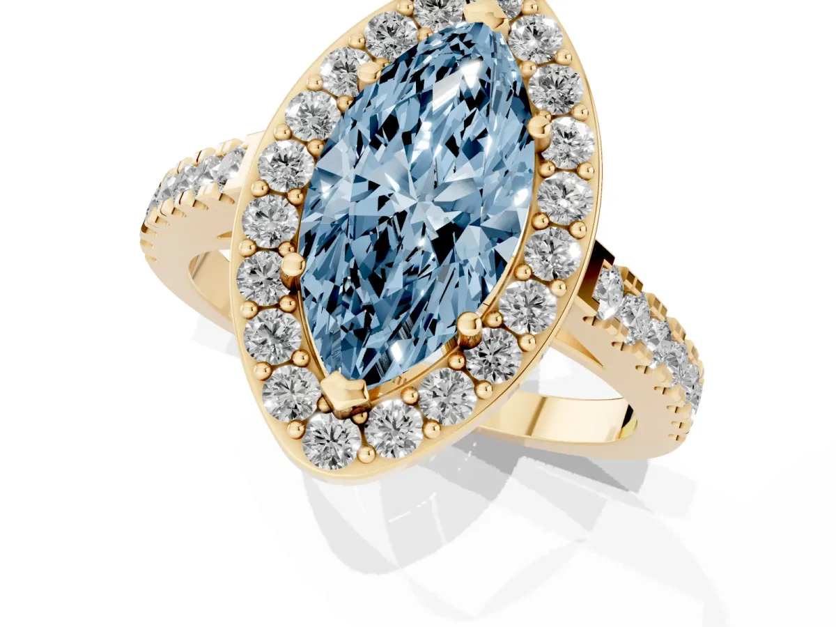 Fancy Blue Marquise Cut Diamond Halo Ring with Round Pavé Split Shank and Prong Setting Yellow gold