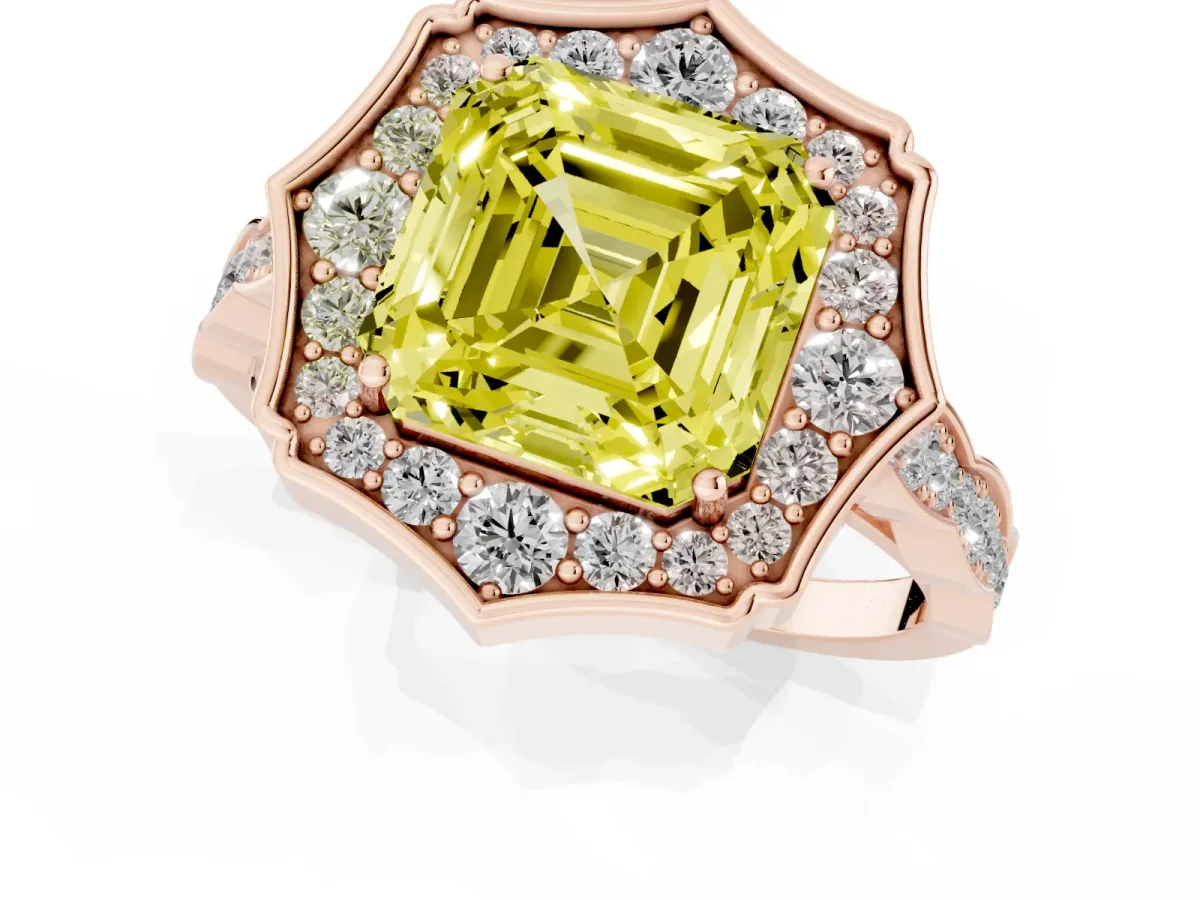 Fancy Yellow Asscher Cut Halo Diamond Engagement Ring with Milgrain Band and Four-Prong Setting Rose gold