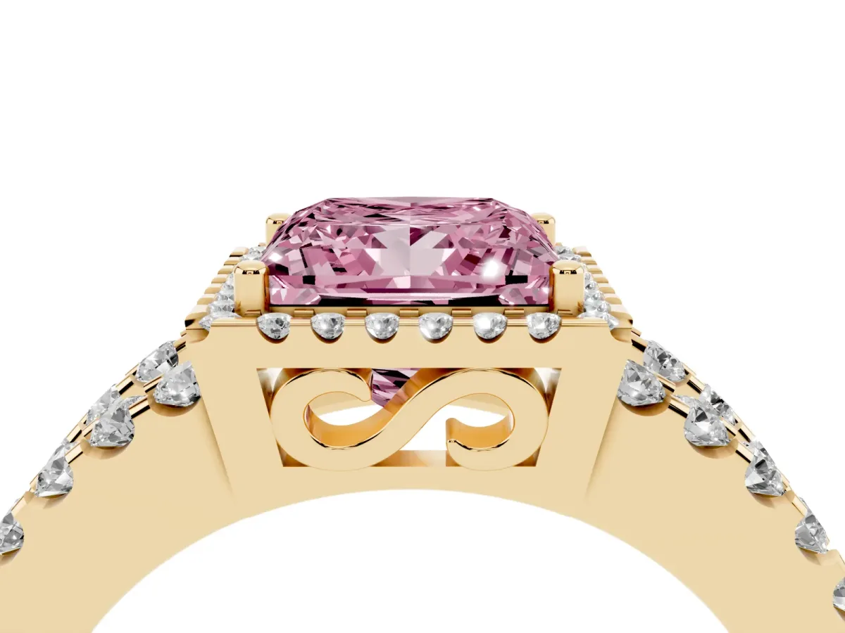 Fancy Pink Princess Cut Cut Halo Split Shank Diamond Ring with Four-Prong Setting Yellow gold