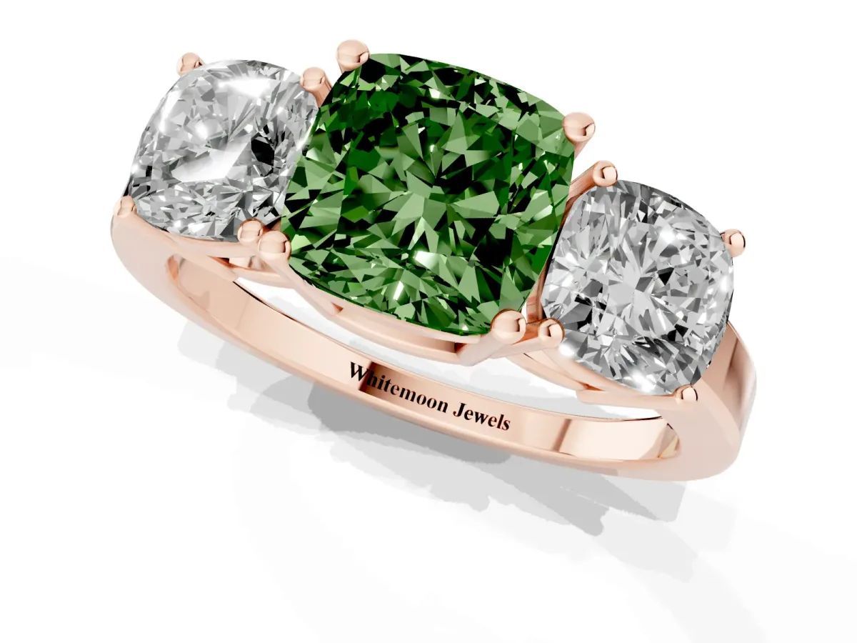 Fancy Green Three-Stone Cushion Cut Cut Diamond Engagement Ring with Flat Band and Four-Prong Setting Rose gold