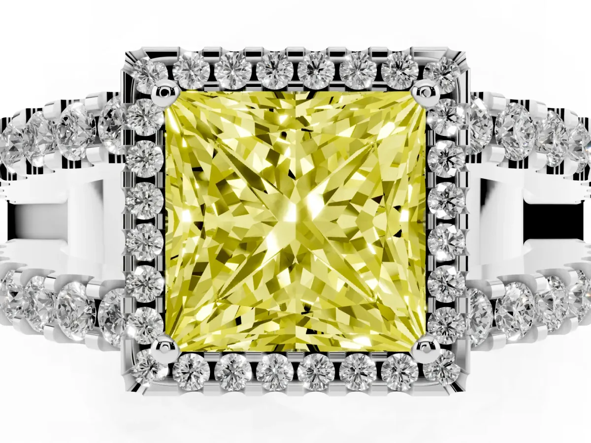 Fancy Yellow Princess Cut Cut Halo Split Shank Diamond Ring with Four-Prong Setting Silver