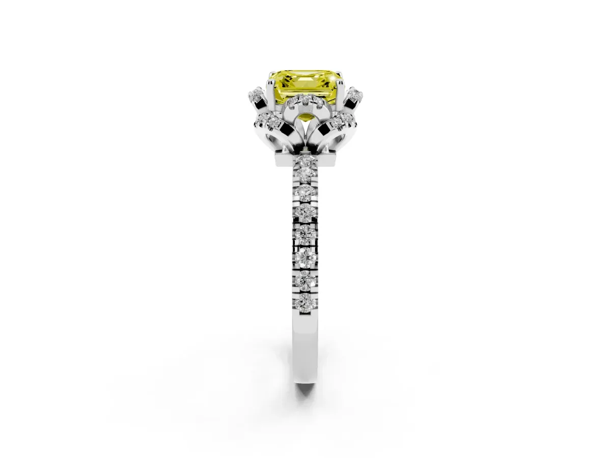 Fancy Yellow Asscher Cut Halo Diamond Pave Band Ring with Four-Prong Setting Silver
