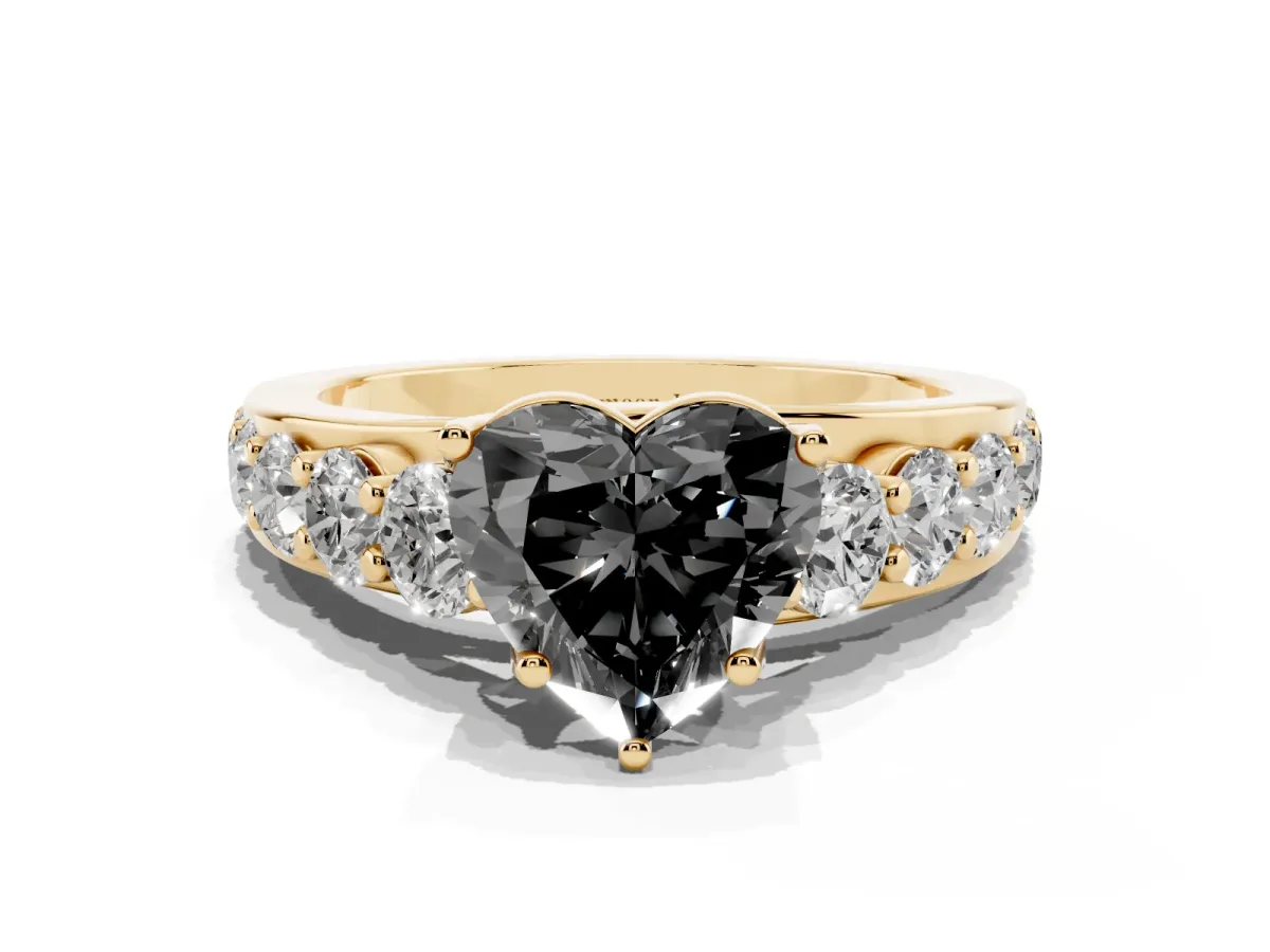 Fancy Black Heart Cut Diamond Engagement Ring with Pavé Band and Four-Prong Setting Yellow gold