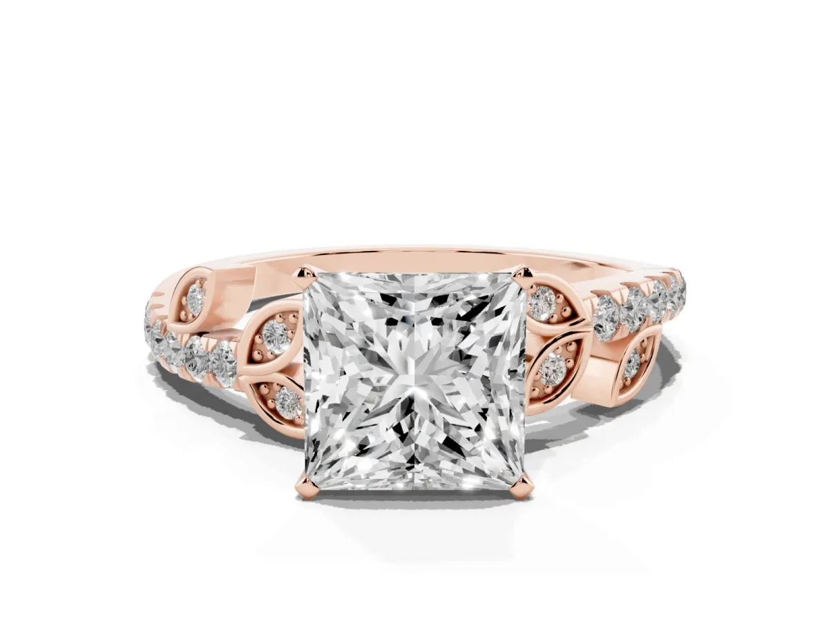 Princess Cut Solitaire Leaf-Inspired Diamond Ring with Pavé Band and Four-Prong Setting Rose gold