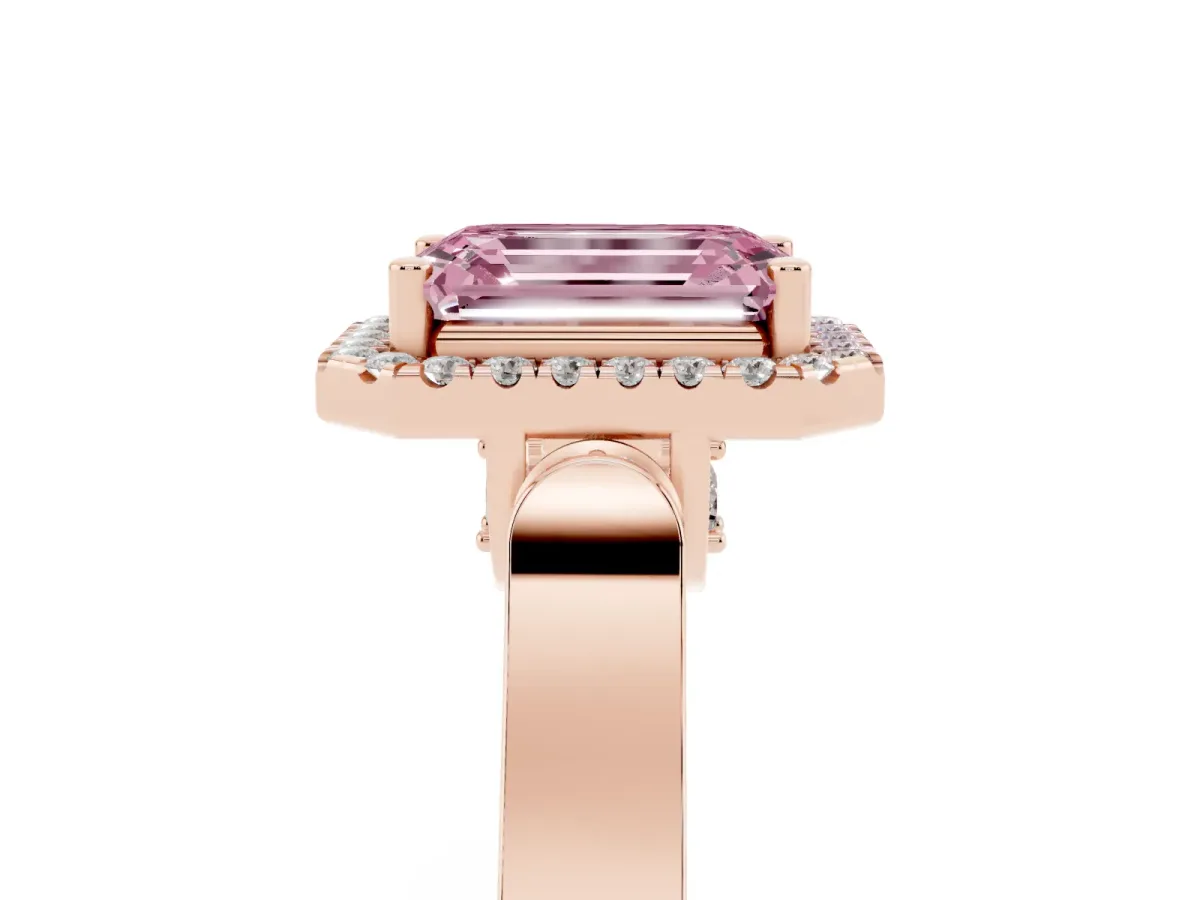 Fancy Pink Emerald Cut Halo Round Diamond Twist Band with Four-Prong Setting Rose gold
