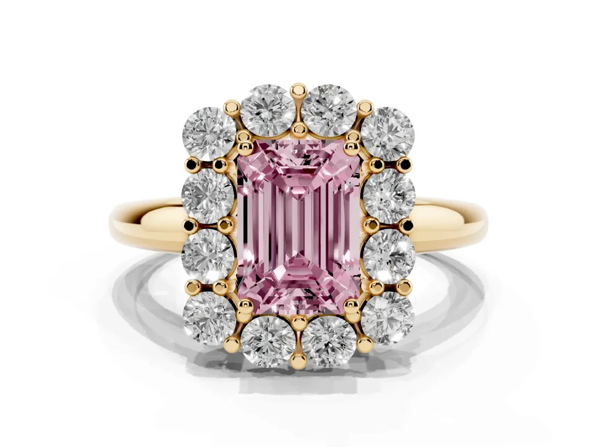 Fancy Pink Emerald Cut Halo Cluster Diamond Engagement Ring with Prong Setting and Polished Band Yellow gold