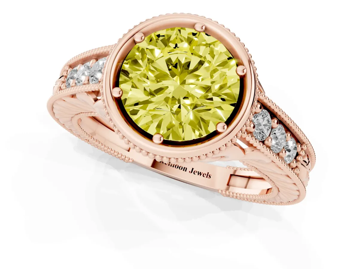Fancy Yellow Bezel Set Round Cut Diamond Milgrain Pave Engagement Ring Rose gold